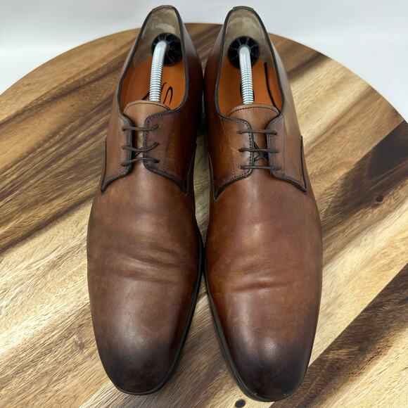 Santoni Induct Men’s Size 11 D Brown Leather Plain Toe Lace Up Derby Dress Shoes - Picture 3 of 10